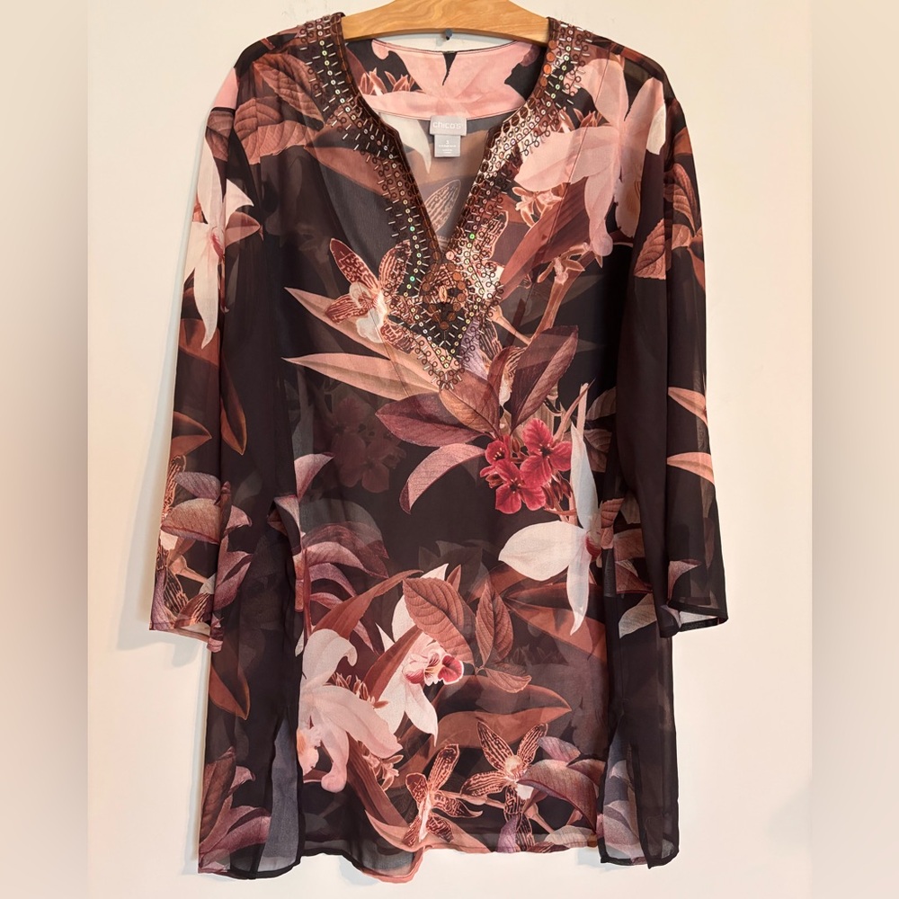 Chico's Expressio Embellished Floral Semi-Sheer El Cielo Tunic